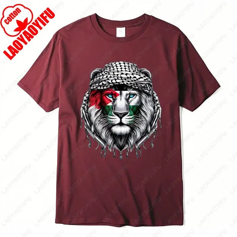 Time of Gaza Lion Keffiyeh T-Shirt Retro Unisex Streetwear Tees High Quality Cotton Casual Wear O-neck Men Woman Camisetas Tops