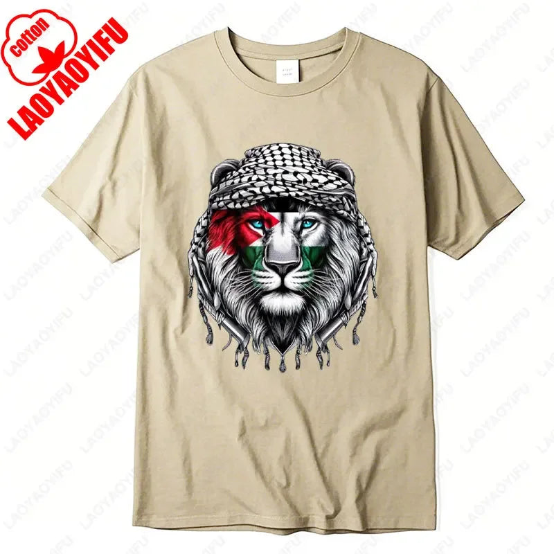 Time of Gaza Lion Keffiyeh T-Shirt Retro Unisex Streetwear Tees High Quality Cotton Casual Wear O-neck Men Woman Camisetas Tops