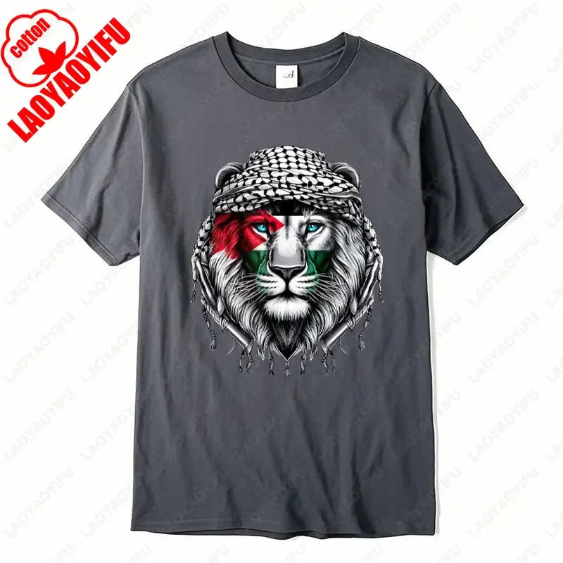 Time of Gaza Lion Keffiyeh T-Shirt Retro Unisex Streetwear Tees High Quality Cotton Casual Wear O-neck Men Woman Camisetas Tops