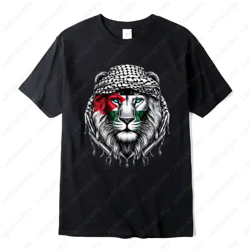 Time of Gaza Lion Keffiyeh T-Shirt Retro Unisex Streetwear Tees High Quality Cotton Casual Wear O-neck Men Woman Camisetas Tops