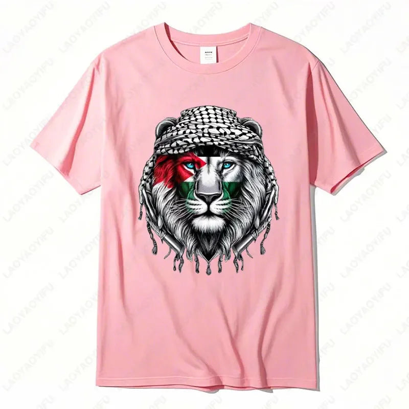 Time of Gaza Lion Keffiyeh T-Shirt Retro Unisex Streetwear Tees High Quality Cotton Casual Wear O-neck Men Woman Camisetas Tops