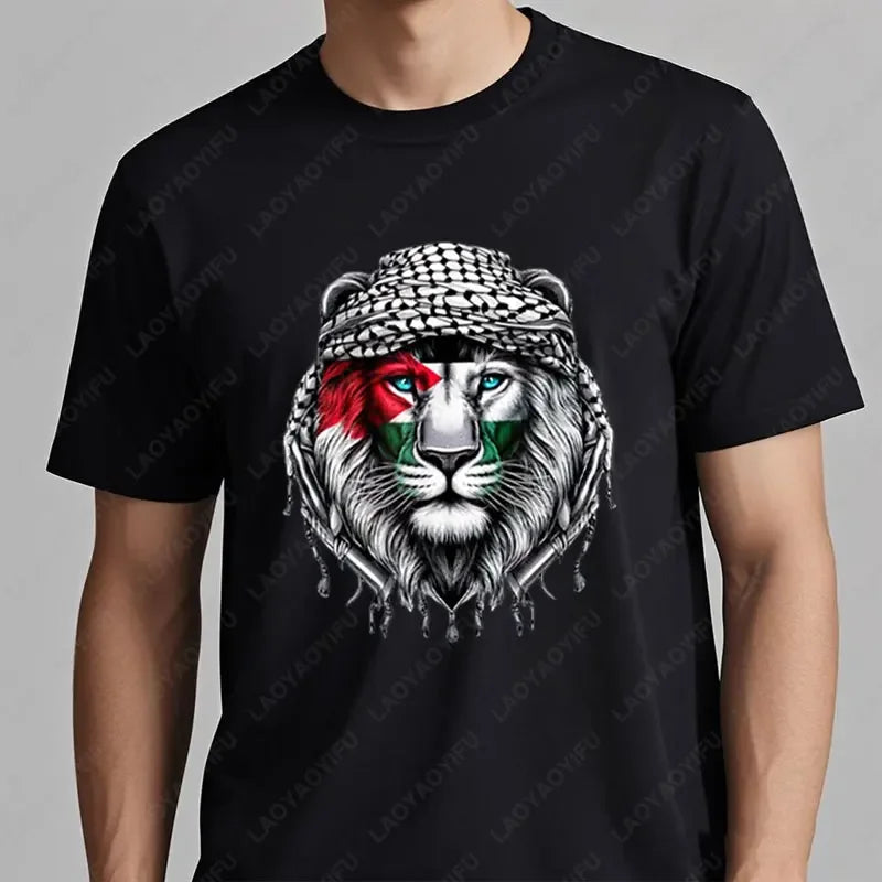 Time of Gaza Lion Keffiyeh T-Shirt Retro Unisex Streetwear Tees High Quality Cotton Casual Wear O-neck Men Woman Camisetas Tops