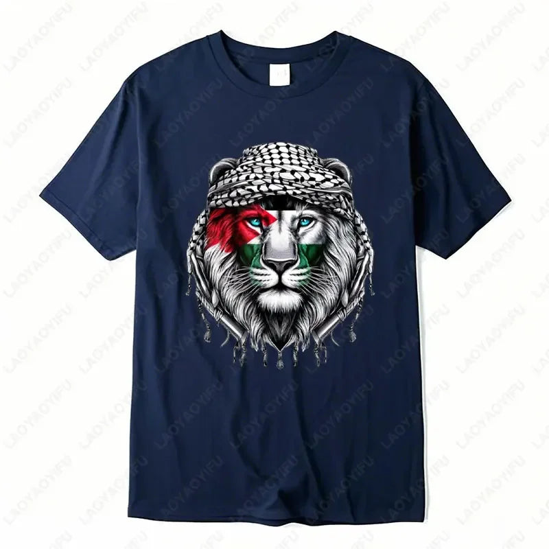 Time of Gaza Lion Keffiyeh T-Shirt Retro Unisex Streetwear Tees High Quality Cotton Casual Wear O-neck Men Woman Camisetas Tops