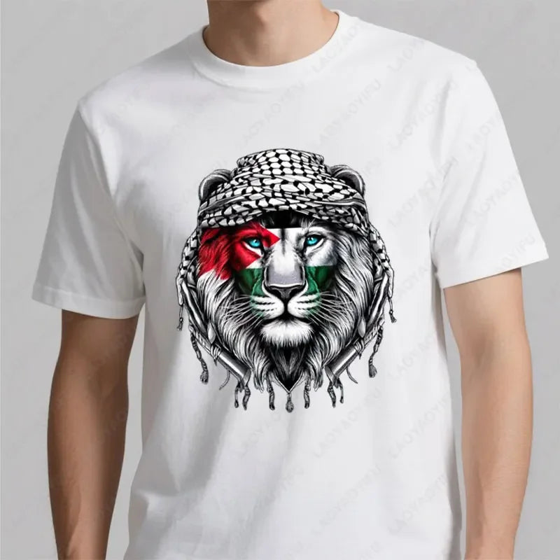 Time of Gaza Lion Keffiyeh T-Shirt Retro Unisex Streetwear Tees High Quality Cotton Casual Wear O-neck Men Woman Camisetas Tops