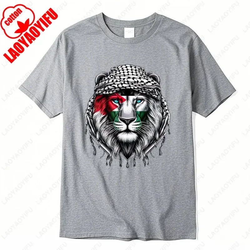 Time of Gaza Lion Keffiyeh T-Shirt Retro Unisex Streetwear Tees High Quality Cotton Casual Wear O-neck Men Woman Camisetas Tops