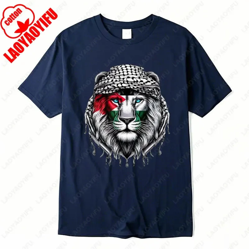 Time of Gaza Lion Keffiyeh T-Shirt Retro Unisex Streetwear Tees High Quality Cotton Casual Wear O-neck Men Woman Camisetas Tops